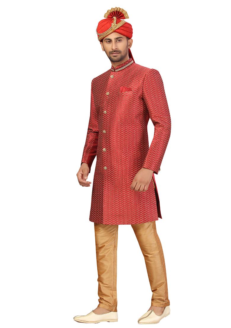 Maroon Embroidered Silk Sherwani for Men