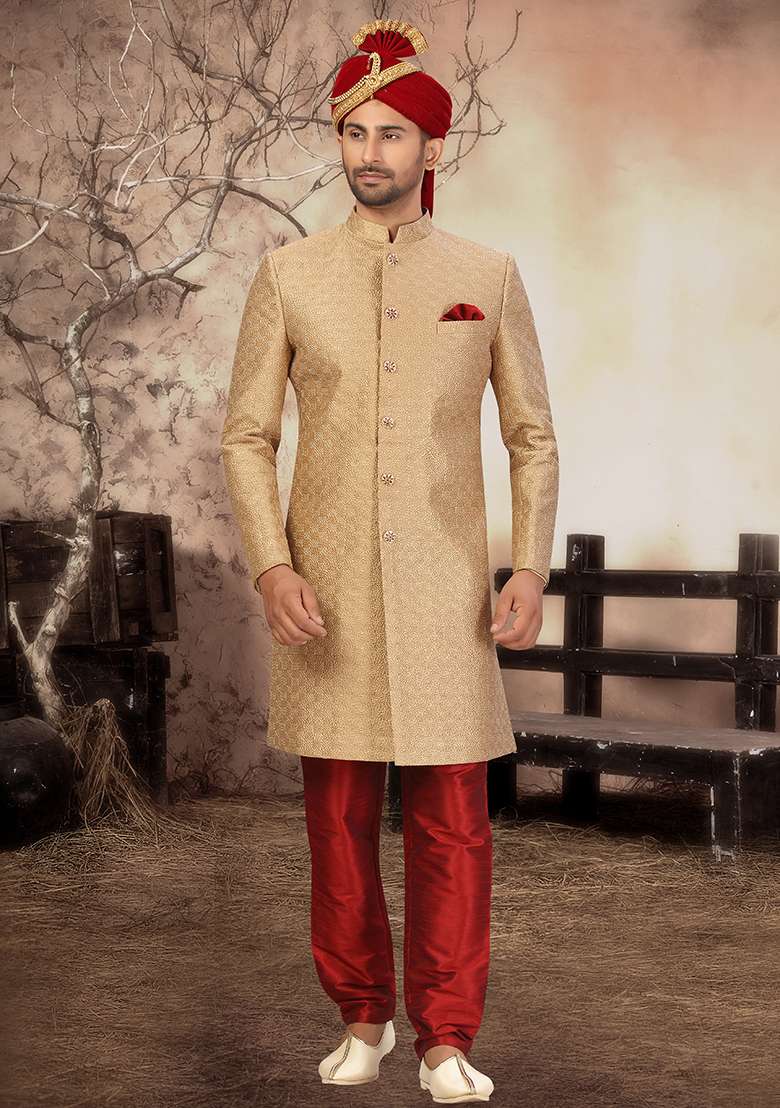 Gold Embroidered Silk Blend Sherwani for Men - Indya
