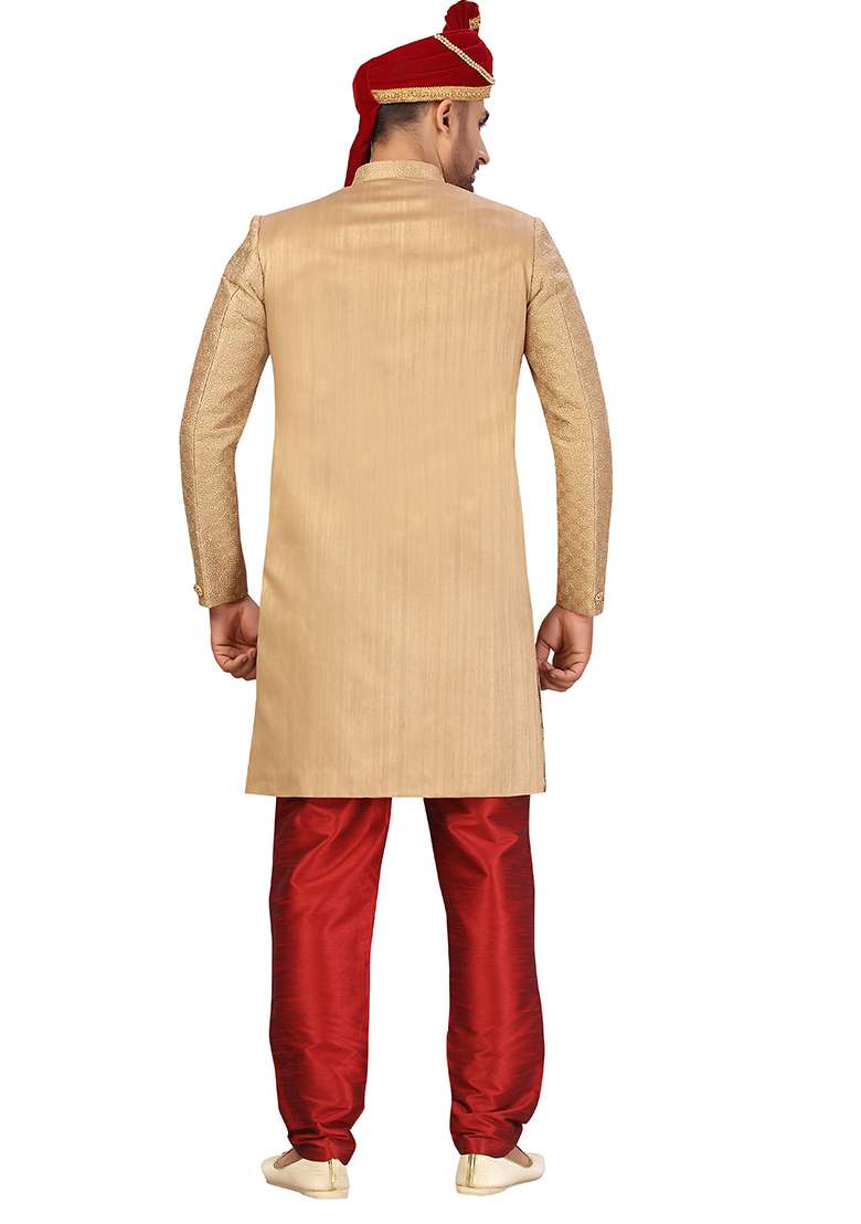 Gold Embroidered Silk Blend Sherwani for Men - Indya