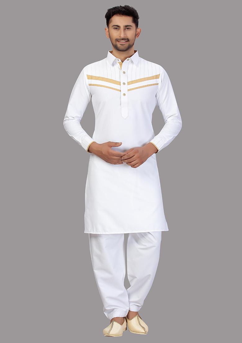 White Embroidered Cotton Kurta Set For Men
