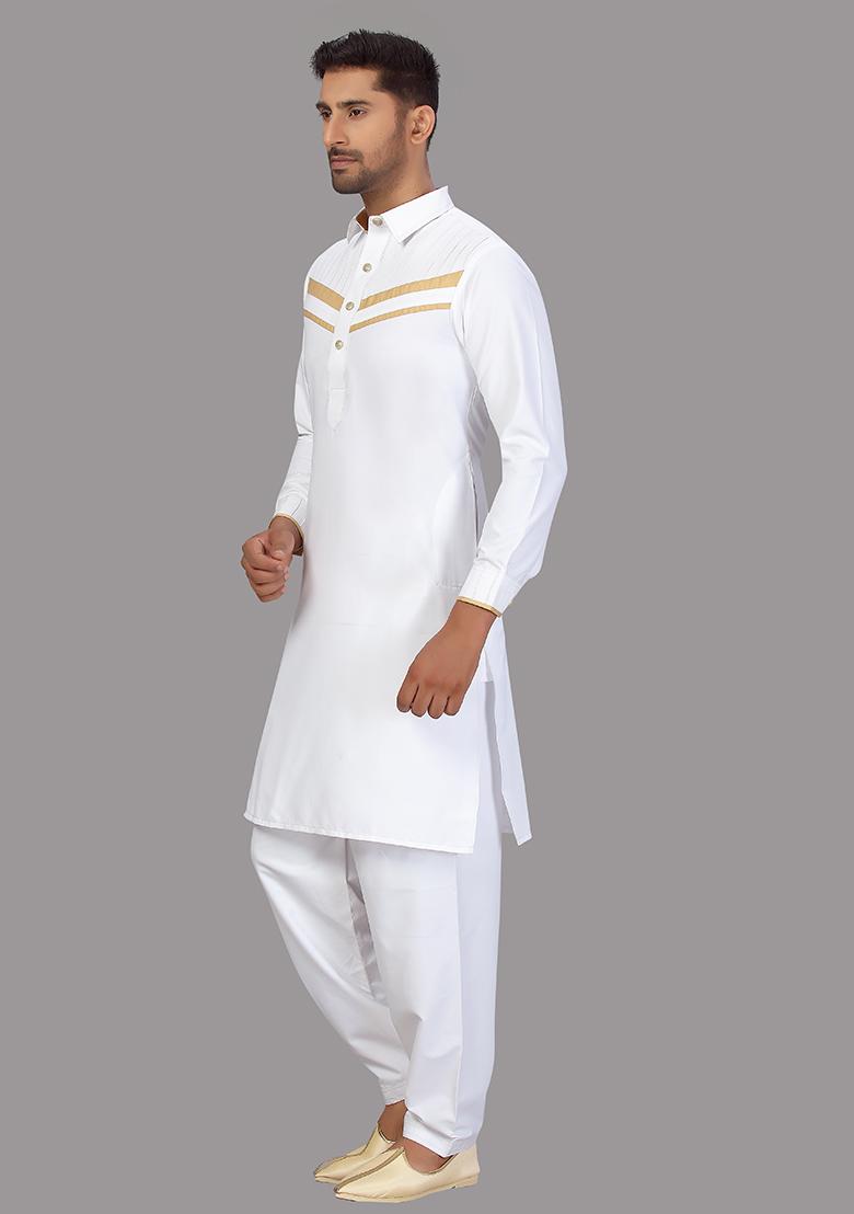White Embroidered Cotton Kurta Set For Men