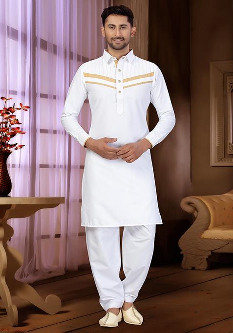 White Embroidered Cotton Kurta Set For Men