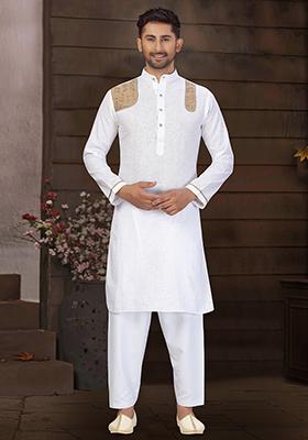 White Embroidered Cotton Kurta Set For Men