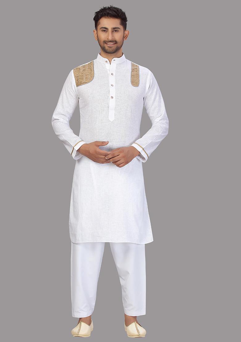 White Embroidered Cotton Kurta Set For Men