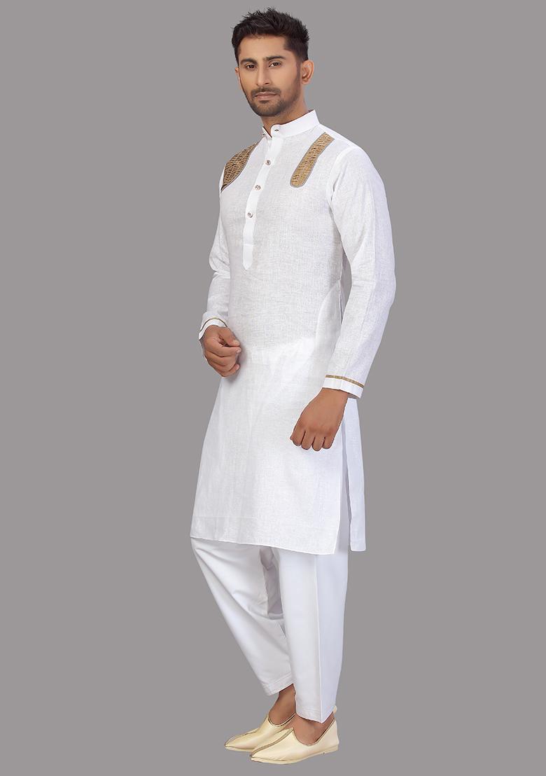 White Embroidered Cotton Kurta Set For Men