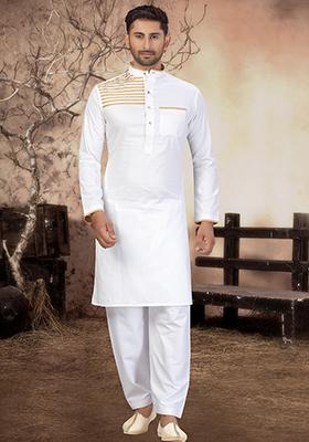 White Embroidered Cotton Kurta Set For Men