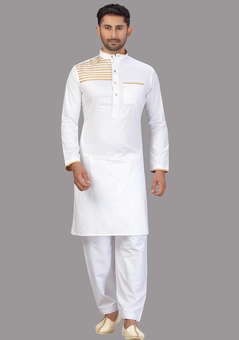 White Embroidered Cotton Kurta Set For Men
