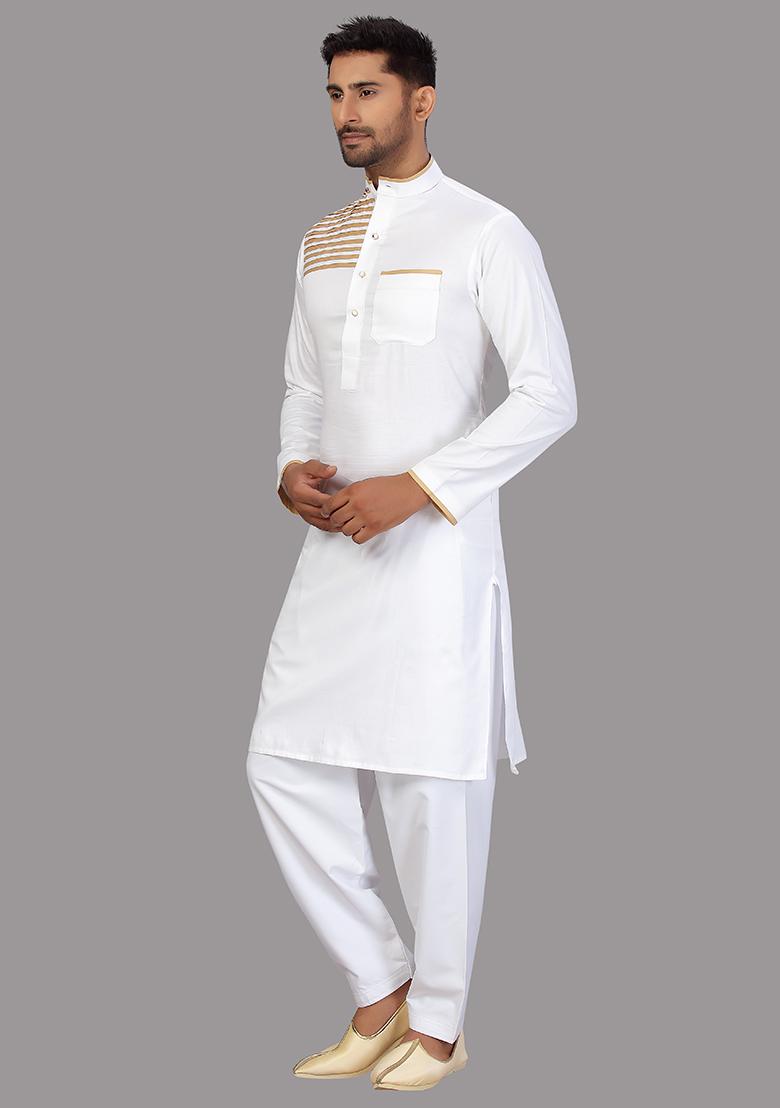 White Embroidered Cotton Kurta Set For Men