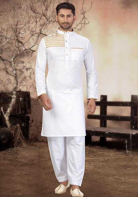 White Embroidered Cotton Kurta Set For Men