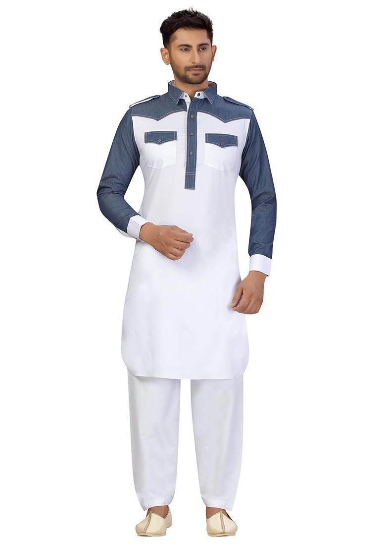 White Embroidered Cotton Kurta Set For Men