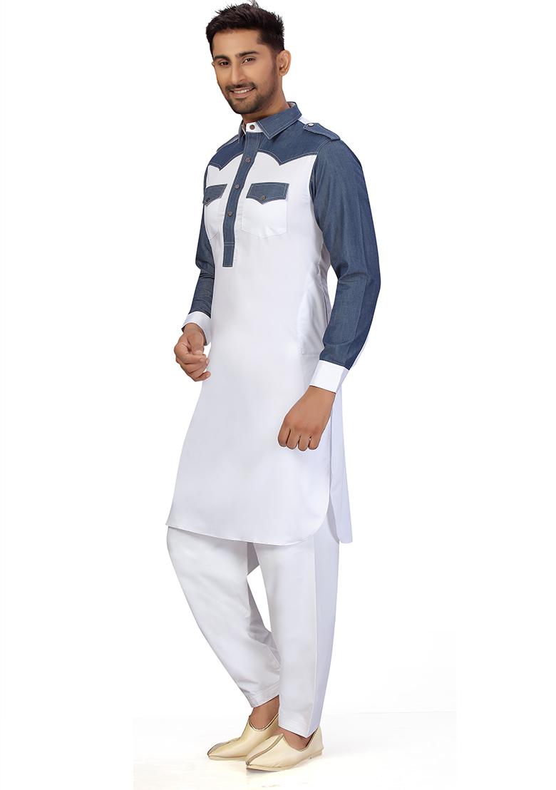 White Embroidered Cotton Kurta Set For Men