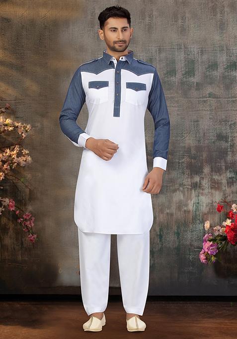 White Embroidered Cotton Kurta Set For Men