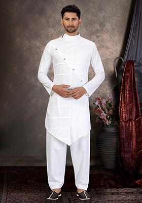 White Embroidered Cotton Kurta Set For Men