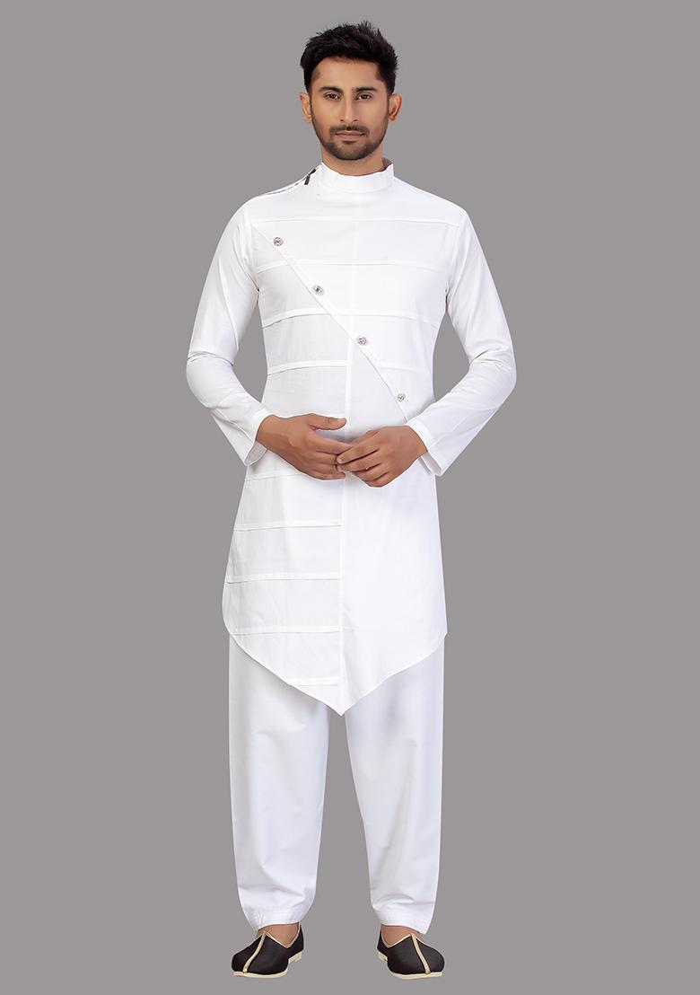White Embroidered Cotton Kurta Set For Men