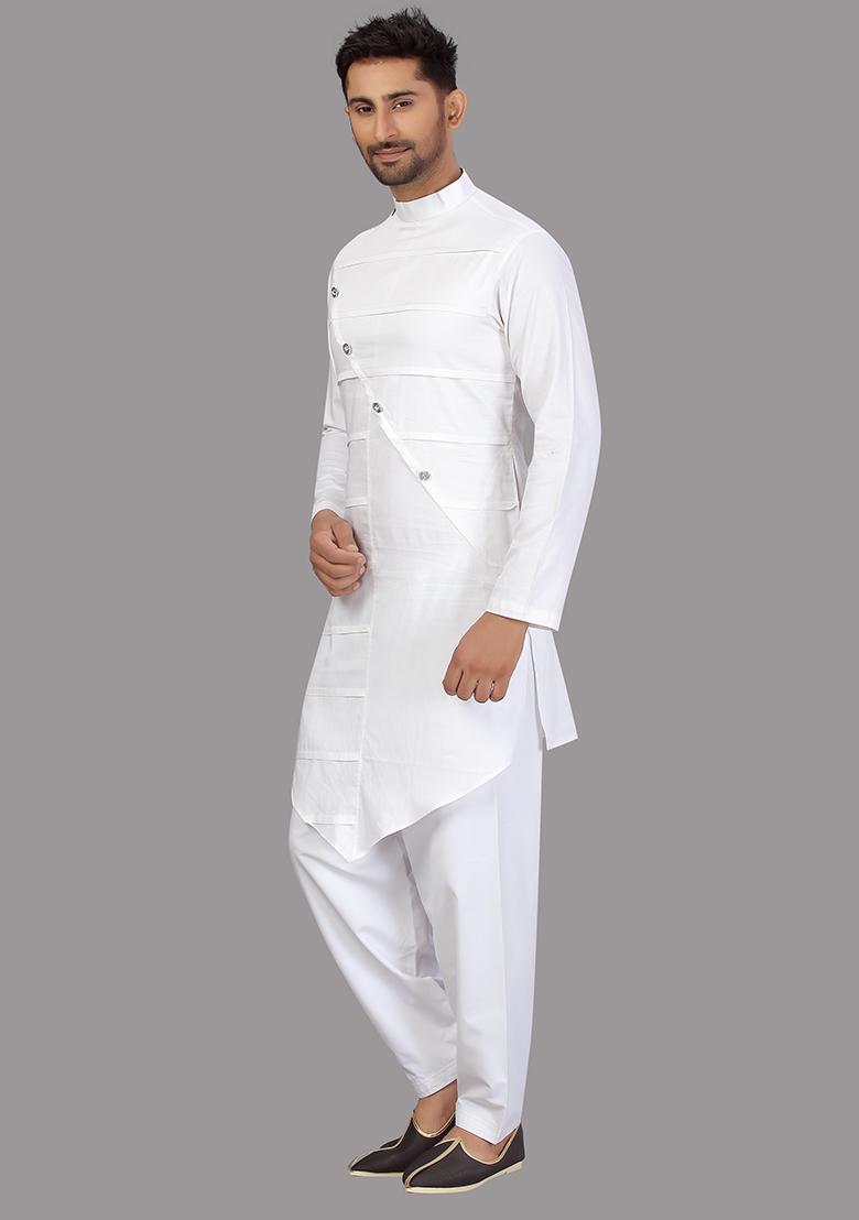 White Embroidered Cotton Kurta Set For Men