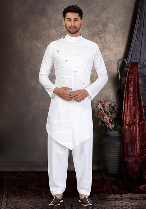 White Embroidered Cotton Kurta Set For Men