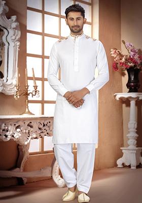 White Embroidered Cotton Kurta Set For Men
