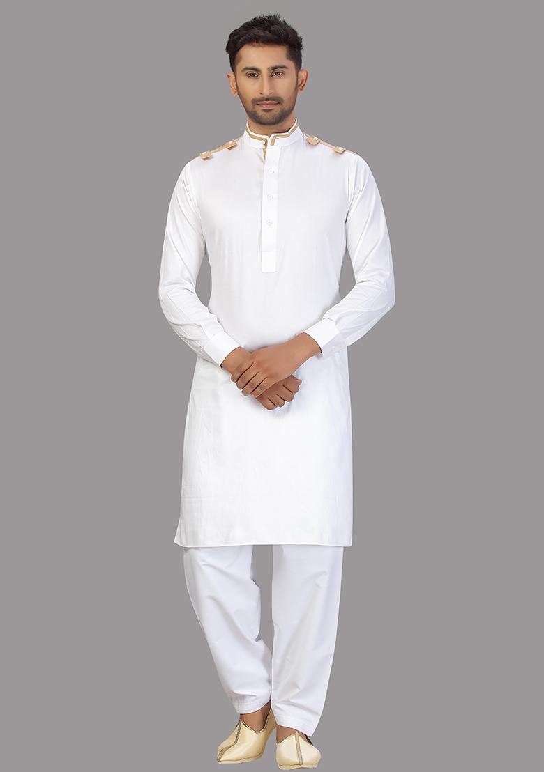 White Embroidered Cotton Kurta Set For Men