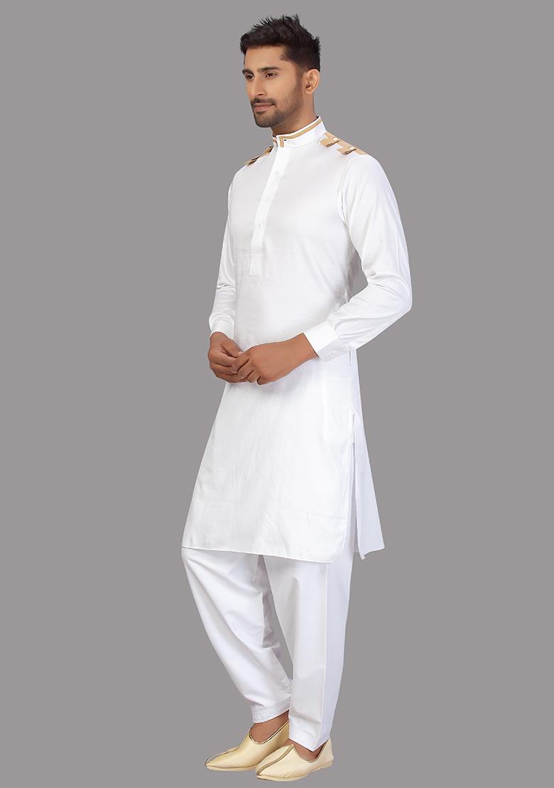 White Embroidered Cotton Kurta Set For Men