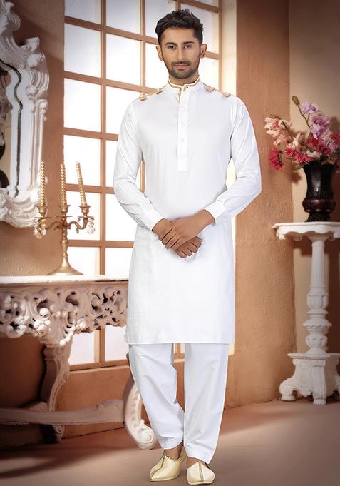 White Embroidered Cotton Kurta Set For Men