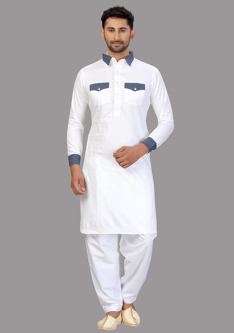 White Embroidered Cotton Kurta Set For Men