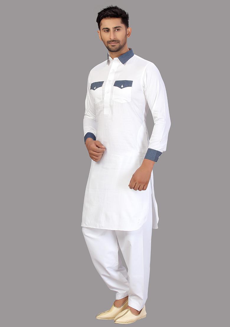 White Embroidered Cotton Kurta Set For Men