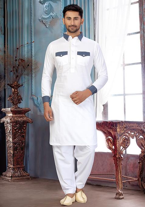 White Embroidered Cotton Kurta Set For Men