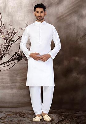 White Embroidered Cotton Kurta Set For Men