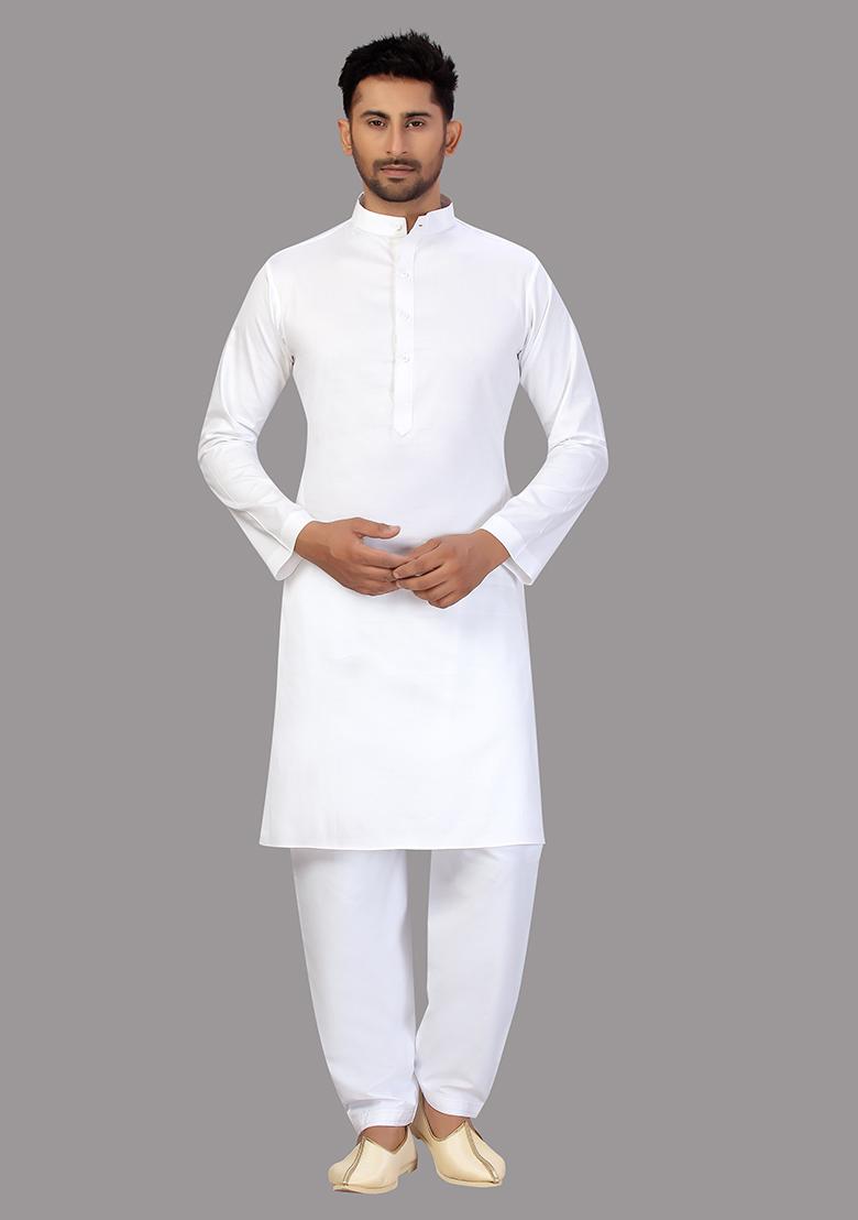 White Embroidered Cotton Kurta Set For Men