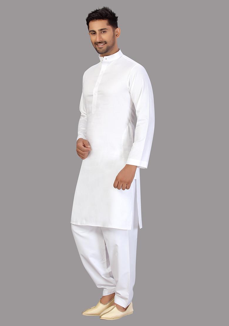 White Embroidered Cotton Kurta Set For Men