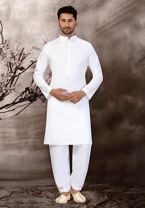 White Embroidered Cotton Kurta Set For Men