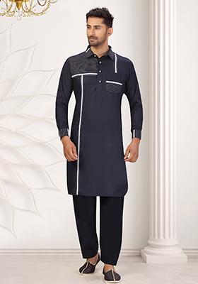 Navy Blue Embroidered Cotton Kurta Set For Men