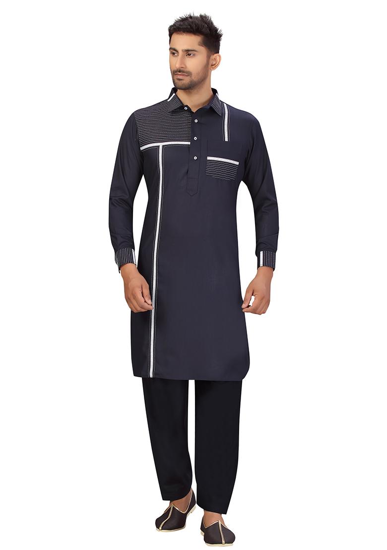 Navy Blue Embroidered Cotton Kurta Set For Men