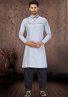 Sky Blue Embroidered Cotton Kurta Set For Men