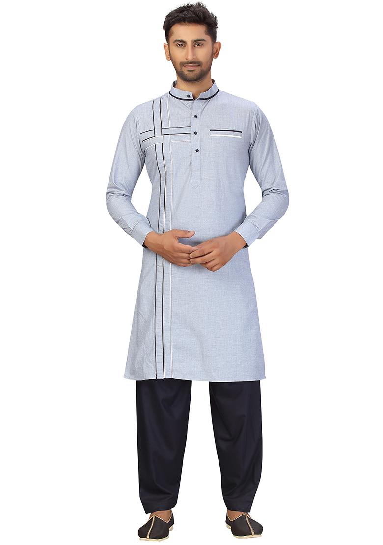 Sky Blue Embroidered Cotton Kurta Set For Men