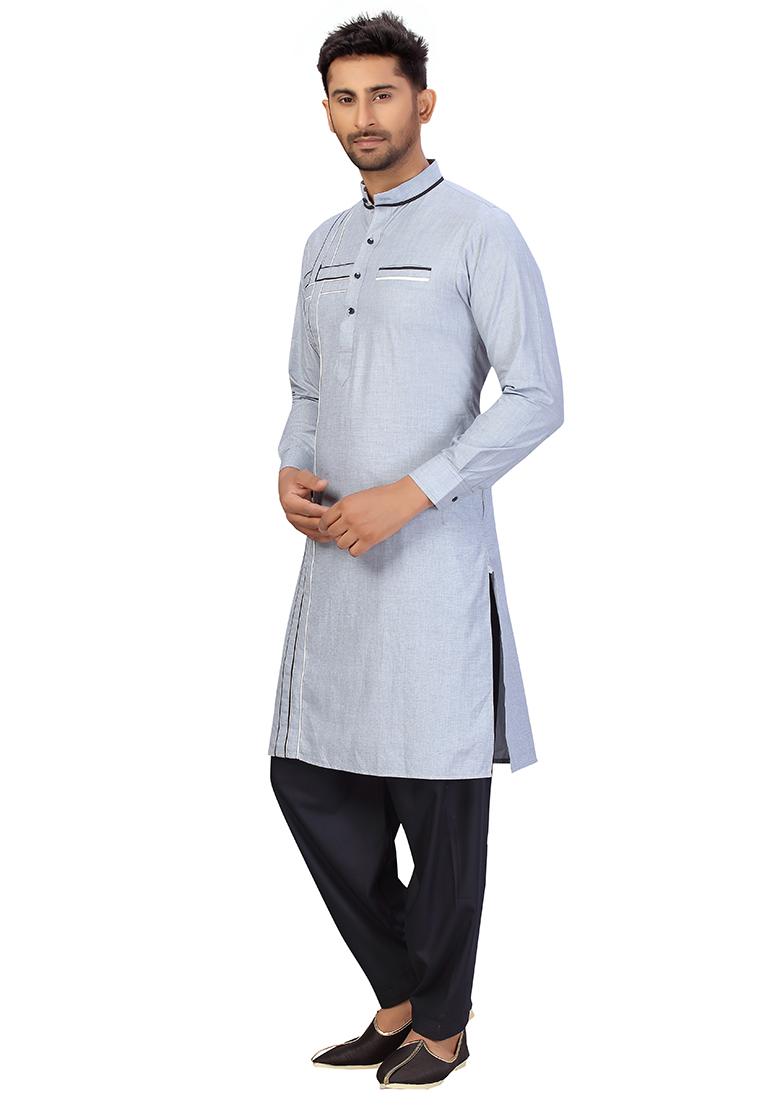 Sky Blue Embroidered Cotton Kurta Set For Men