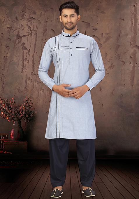 Sky Blue Embroidered Cotton Kurta Set For Men