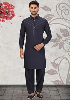 Navy Blue Embroidered Cotton Kurta Set For Men