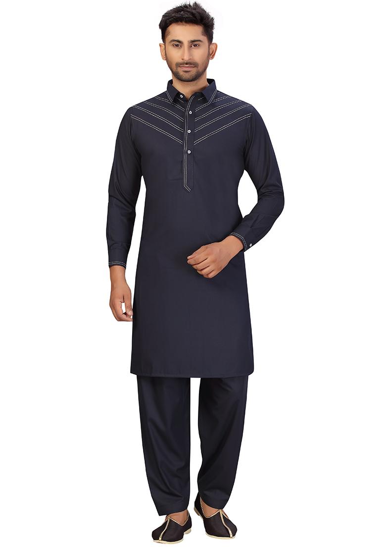 Navy Blue Embroidered Cotton Kurta Set For Men