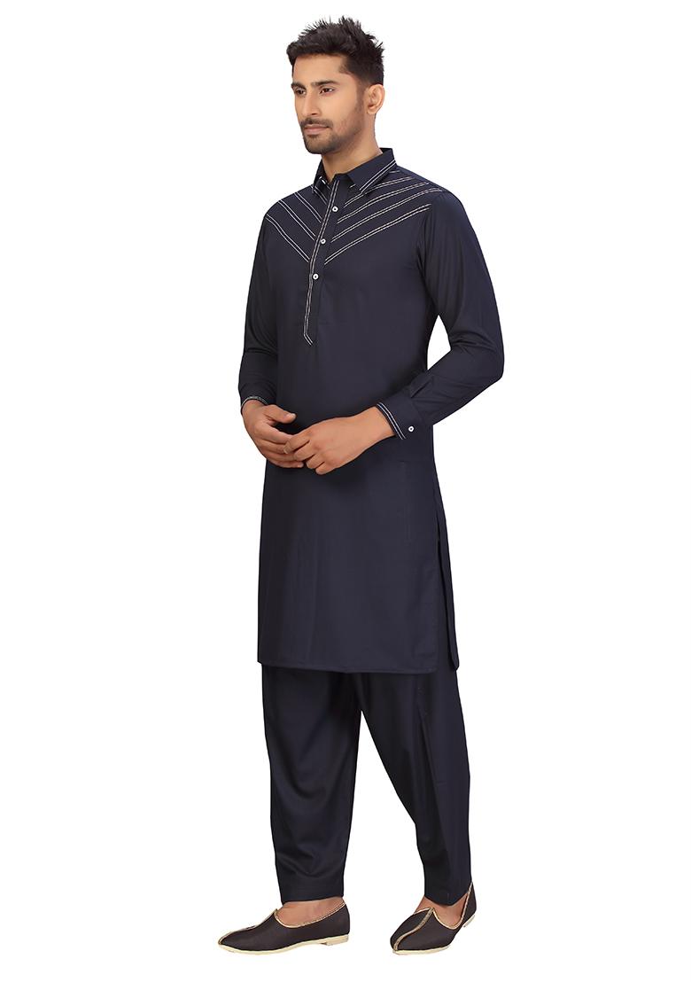 Navy Blue Embroidered Cotton Kurta Set For Men