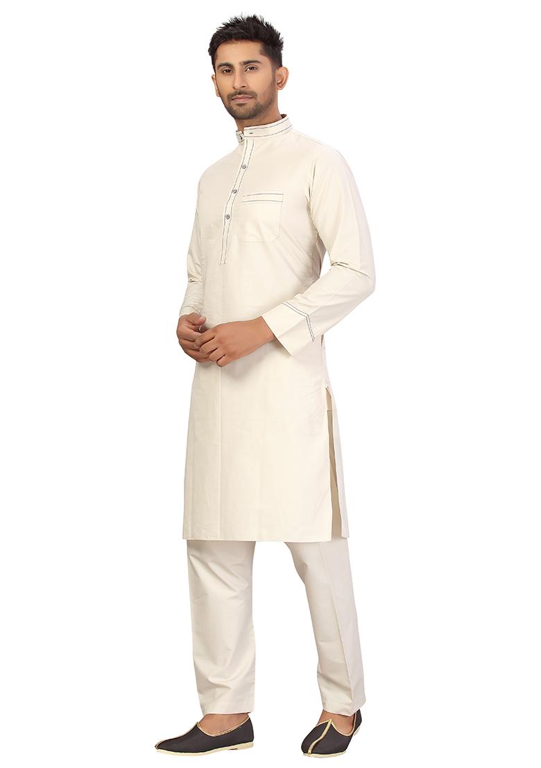 Cream Embroidered Cotton Kurta Set For Men
