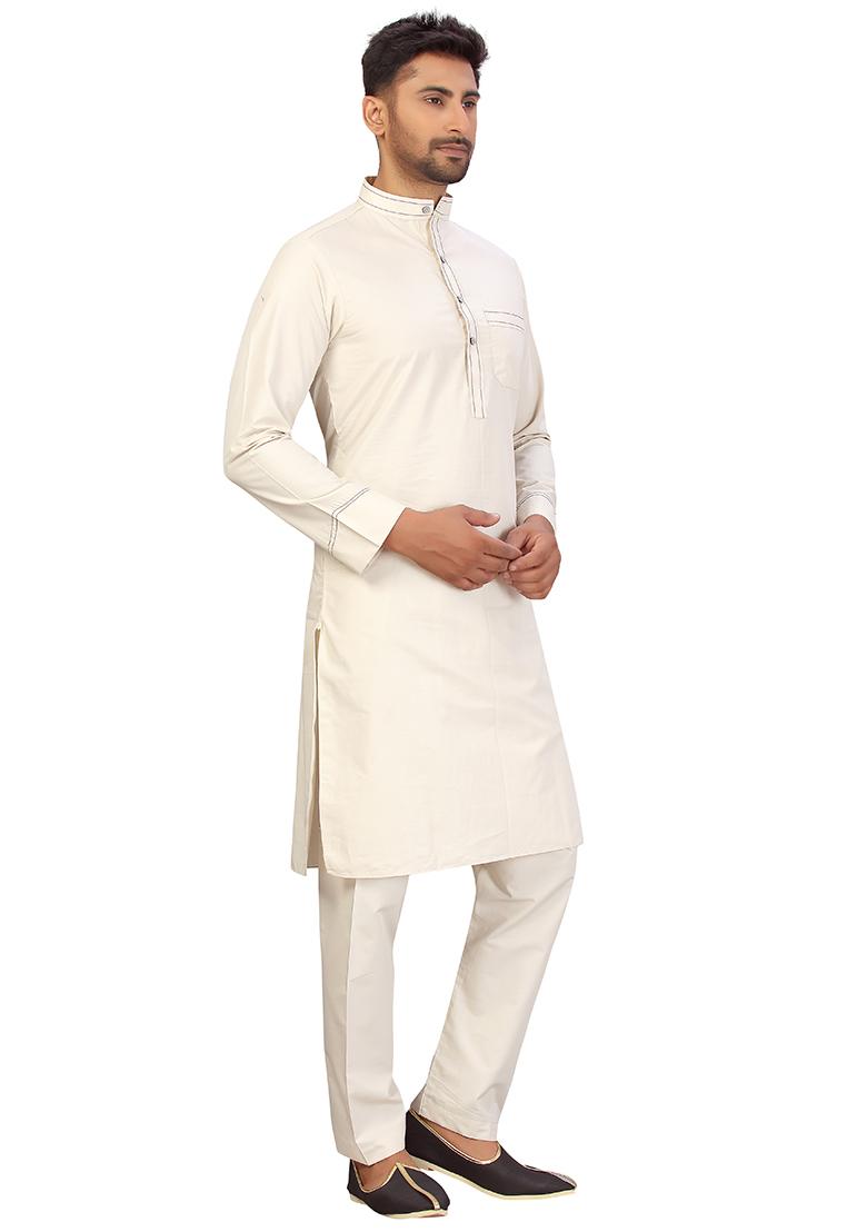 Cream Embroidered Cotton Kurta Set For Men