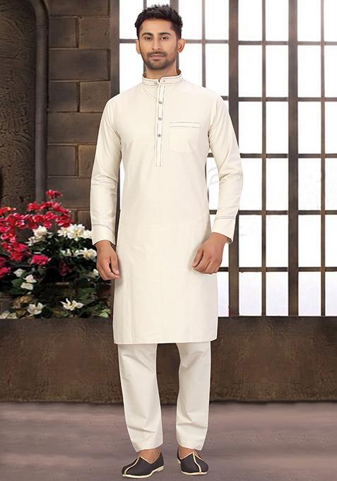 Cream Embroidered Cotton Kurta Set For Men