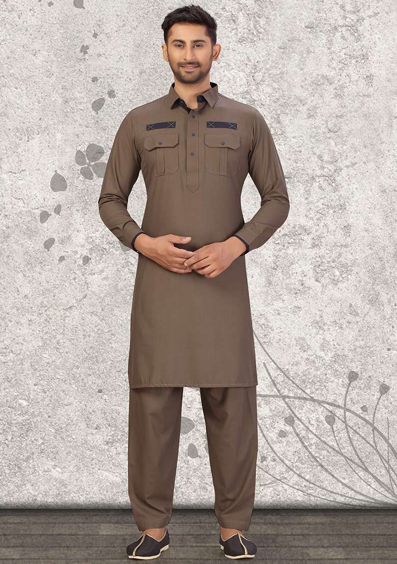 Brown Embroidered Cotton Kurta Set For Men - Indya