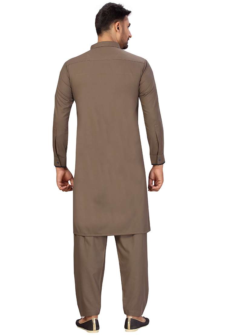 Brown Embroidered Cotton Kurta Set For Men - Indya