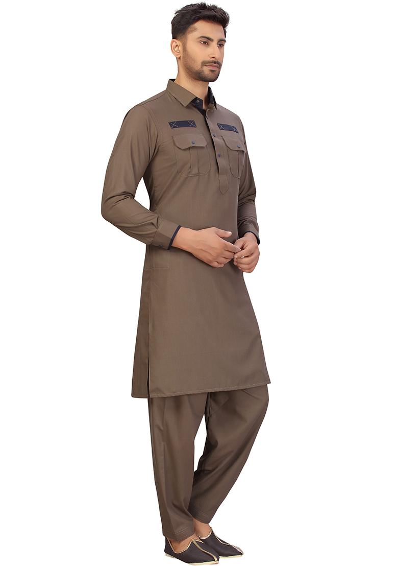 Brown Embroidered Cotton Kurta Set For Men