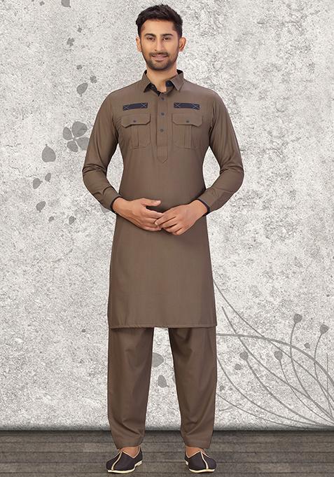 Brown Embroidered Cotton Kurta Set For Men