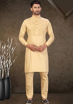 Fawn Yellow Embroidered Cotton Kurta Set For Men