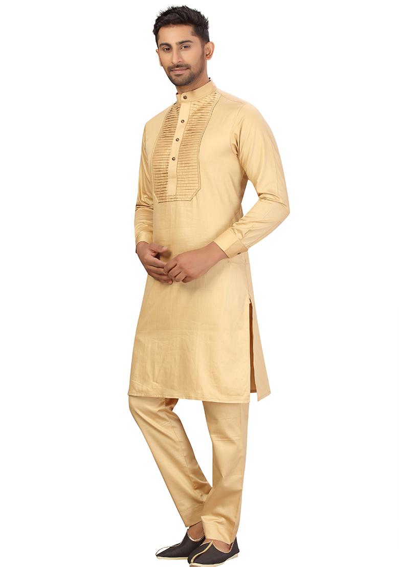 Fawn Yellow Embroidered Cotton Kurta Set For Men