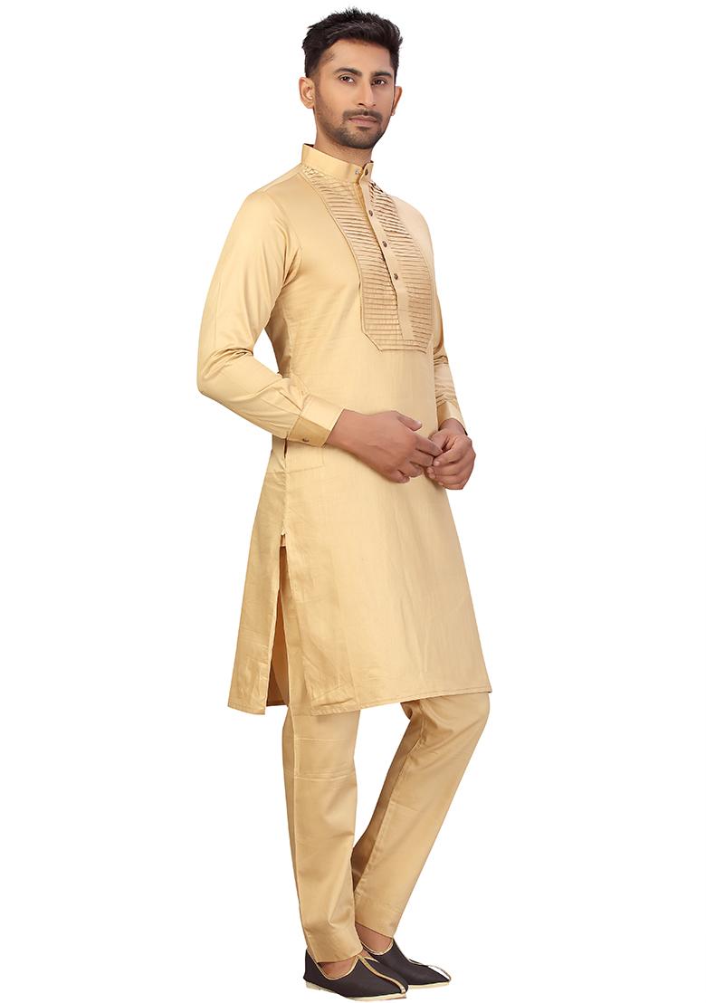 Fawn Yellow Embroidered Cotton Kurta Set For Men